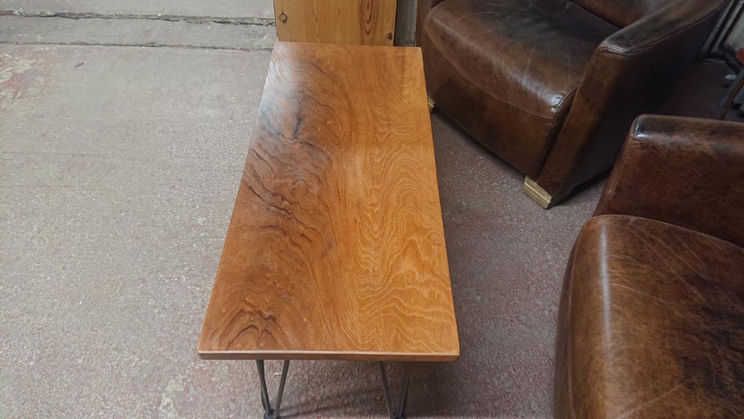 <p>Mahogany Top Coffee Table on Black Hair Pin Legs</p><p><br></p>