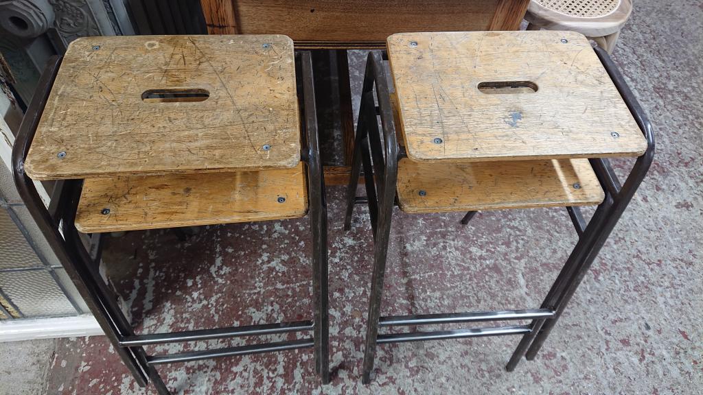<p>Old Stools reclaimed from a local School</p><p>Metal frames with Ply board Top</p><p><br></p>