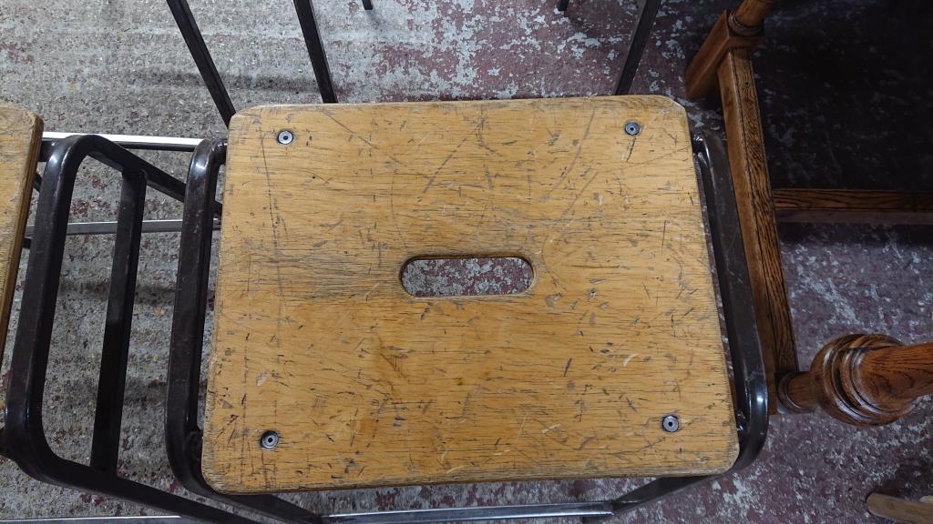 <p>Old Stools reclaimed from a local School</p><p>Metal frames with Ply board Top</p><p><br></p>