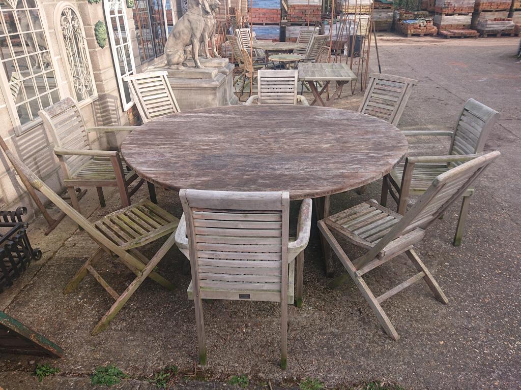 <p>Large Garden Table with 8 chairs. Table measures 2 meters in diameter. Table and Chairs can be Sold seperately.</p><p><br></p>