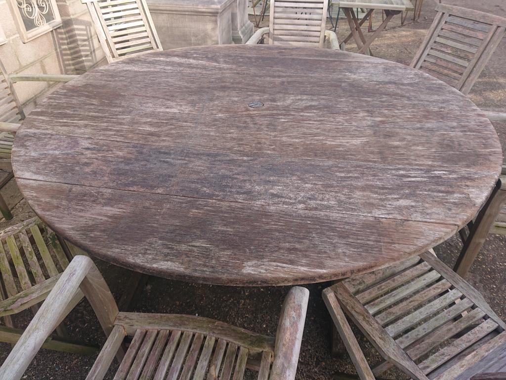 <p>Large Garden Table with 8 chairs. Table measures 2 meters in diameter. Table and Chairs can be Sold seperately.</p><p><br></p>