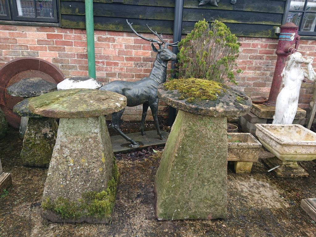 <p>2 large original Staddle stones</p><p>1. 83 cm tall 60 cm wide top</p><p>2. 90 cm tall 60 cm wide top