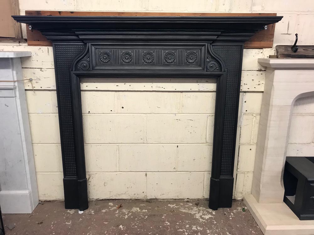 <p>Original and restored very early 20th century </p><p>Coalbrookedale foundry cast iron chimney surround</p><p>measures external 152 cm w x 132 cm h