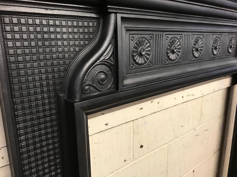 <p>Original and restored very early 20th century </p><p>Coalbrookedale foundry cast iron chimney surround</p><p>measures external 152 cm w x 132 cm h