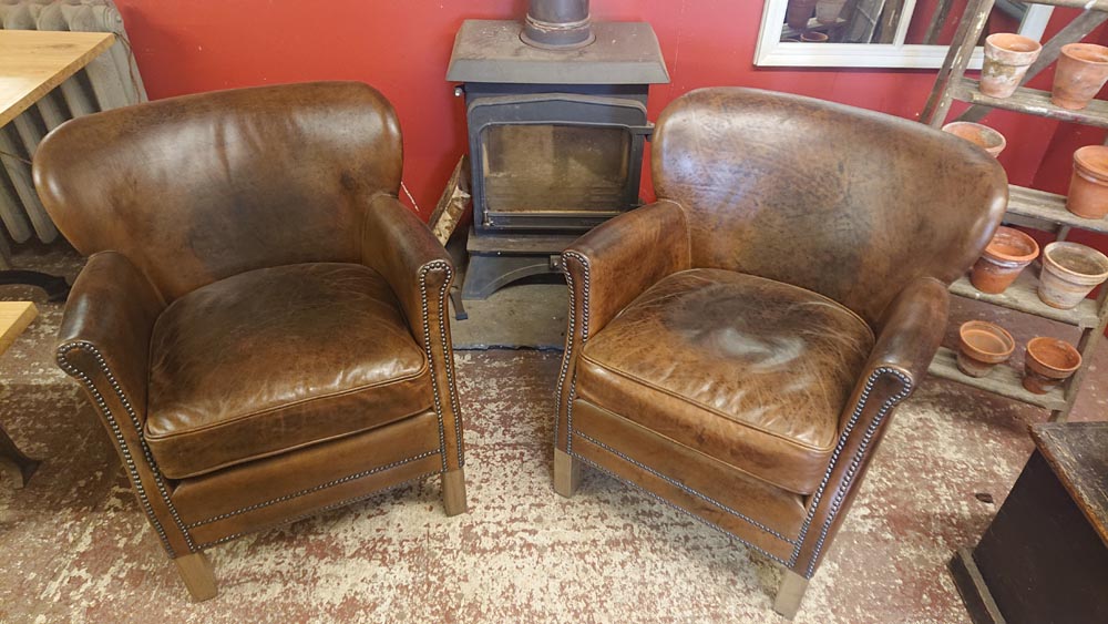 <p>Pair Leather Cosy Chairs</p><p>Can be sold individually