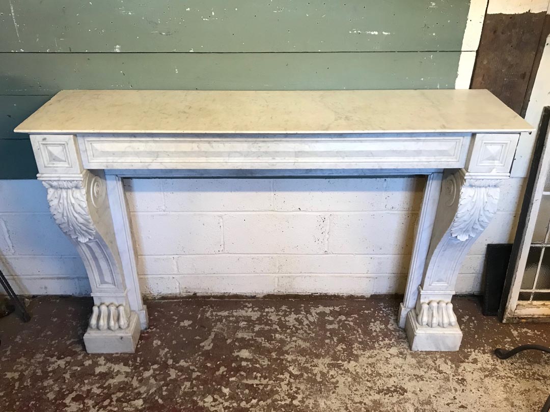 <p>Antique Empire style marble chimney piece.</p><p> possible early 19th century</p><p>internal dimensions: 110 cm wide x 75 cm high</p><p>External dimensions: 153 cm wide x 101 cm high</p><p>Mantle shelf 153 cm x 38 cm