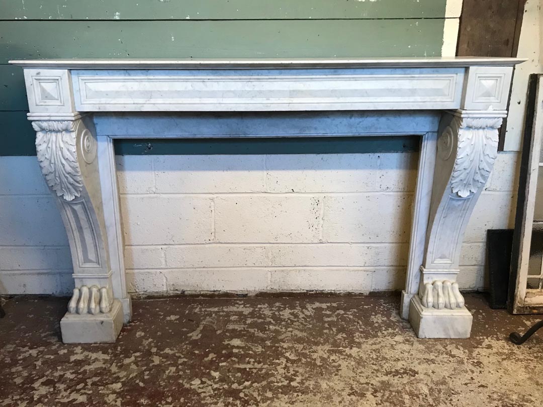 <p>Antique Empire style marble chimney piece.</p><p> possible early 19th century</p><p>internal dimensions: 110 cm wide x 75 cm high</p><p>External dimensions: 153 cm wide x 101 cm high</p><p>Mantle shelf 153 cm x 38 cm