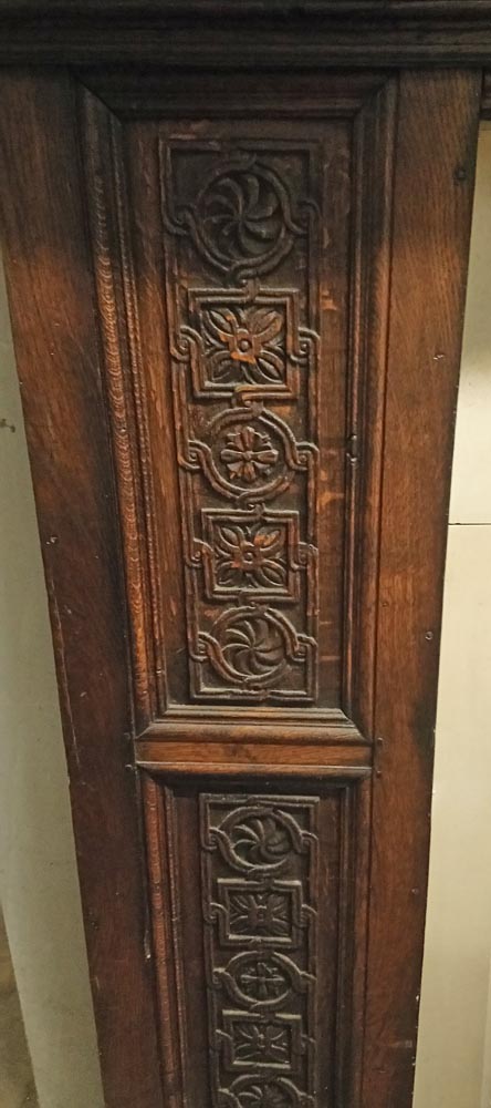 <p>Genuine and extremely rare<br>Jacobean oak chimney piece with <br>stone surround opening</p><p>187 cm wide x 243 cm high. Mantle 200 cm</p><p>122 cm wide x 115 cm high Internal dimensions</p>