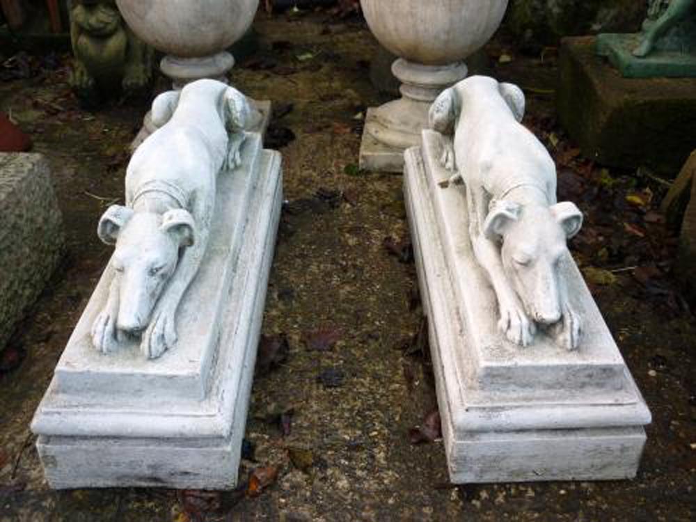 Pair Lying Whippets on Plinths